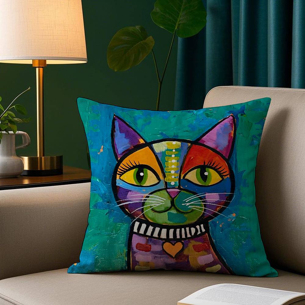 Classico Gatto Picasso Federa per Cuscino ad Olio Peluche Corto Stampa Federa per Cuscino Quadrata Cuscini Decorativi per Divano Arredamento Casa