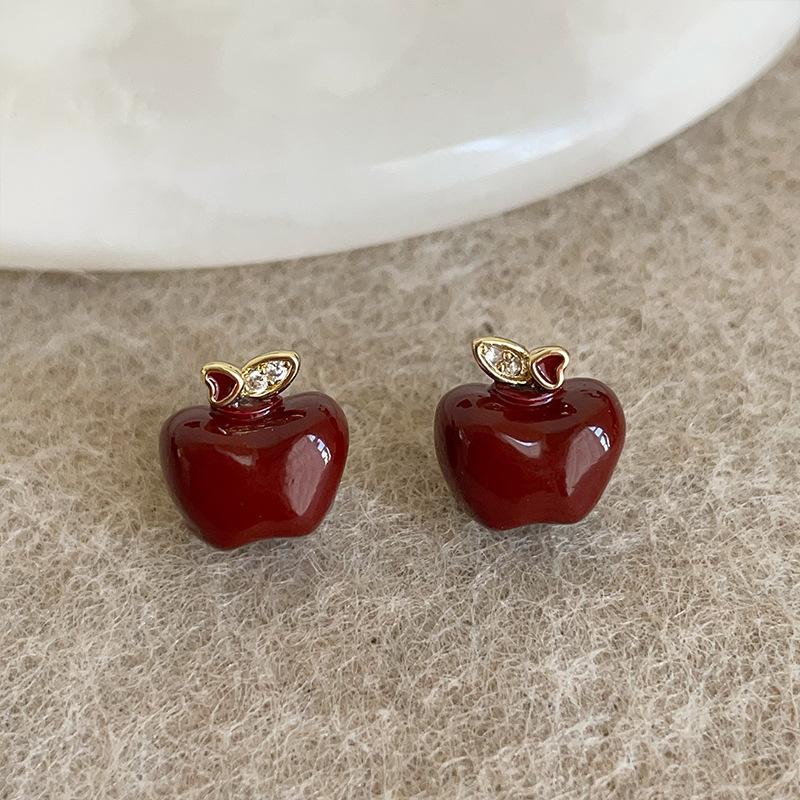 

Holiday Daily Jewelry Cute Lovely Red Enamel Rhinestone Resin Simulation Fruit Apple Cherry Drop Earrings for Women Female