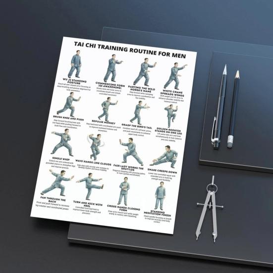 3Pcs Men Tai Chi Training Plan Guide for Posture Correction And Pain Relief Core Strength Flexibility Muscle Endurance Poster No Impact Exercise for