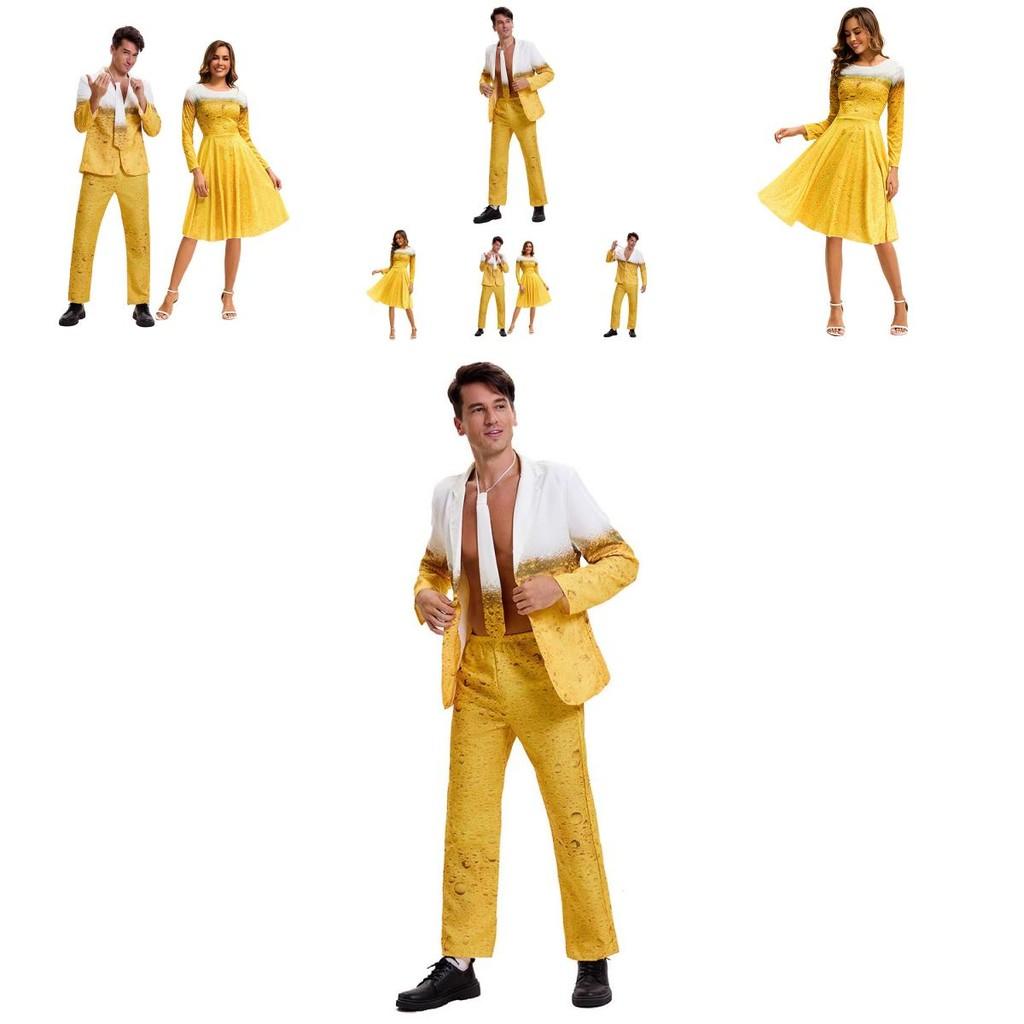 Costume di Carnevale in Poliestere a Tema Gioco per Uomo con Gradiente Giallo e Fantasia Birra per Esibizioni sul Palco