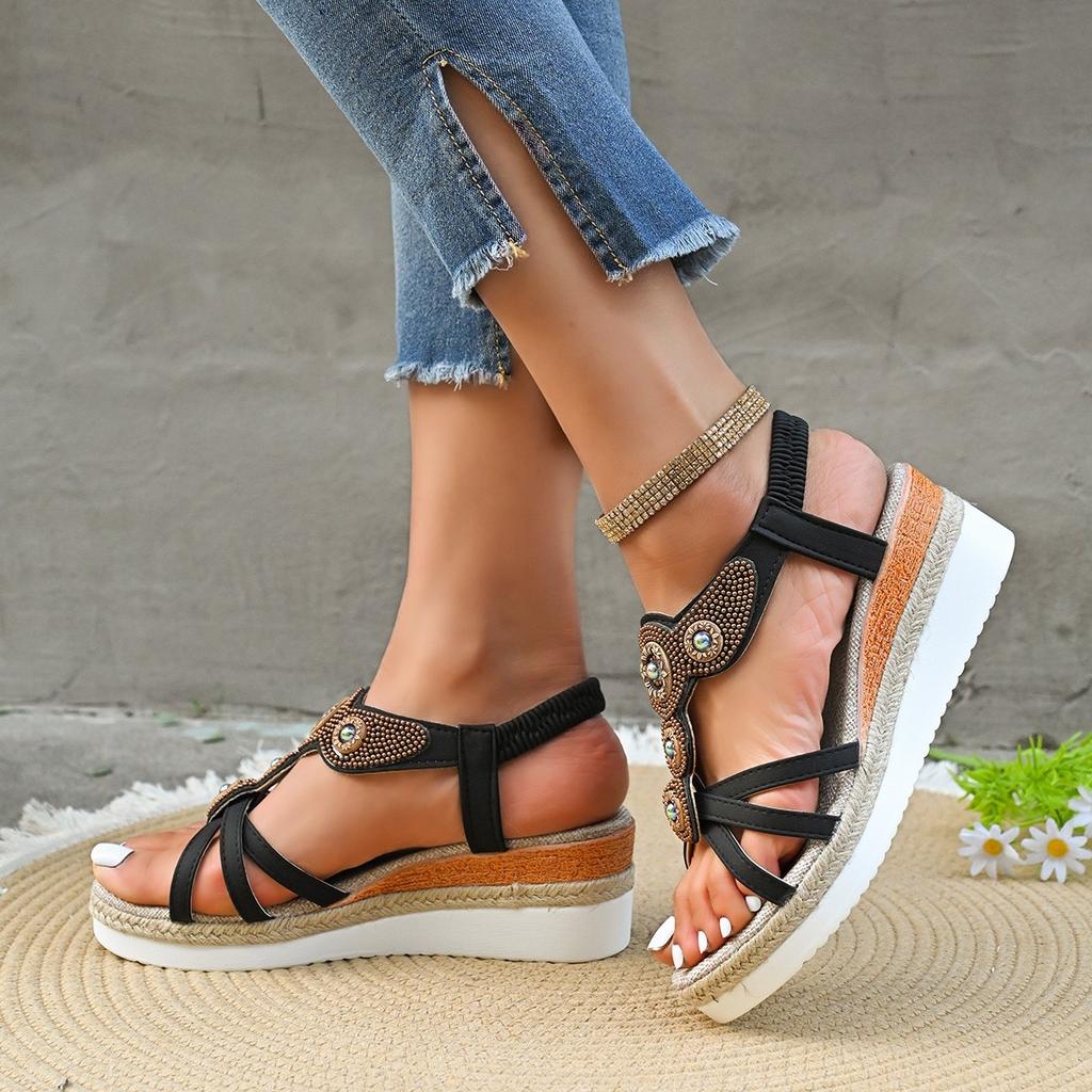 Summer Oversized Bohemian Shoes for Women In Sandals Fashionable Water Diamond Wedge Heel Sandals