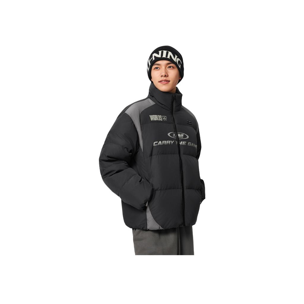 Li Ning Sports Lifestyle Series Warm 3D Loose Stand Collar Letter Printed Down Jacket Men Jacket AYMV257-3