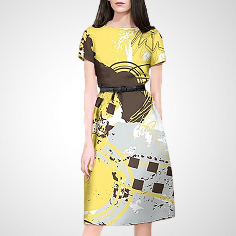 

European and American-Style Print Fashion Waist Trimming Slimming A- line Dress Yellow + Brown XL