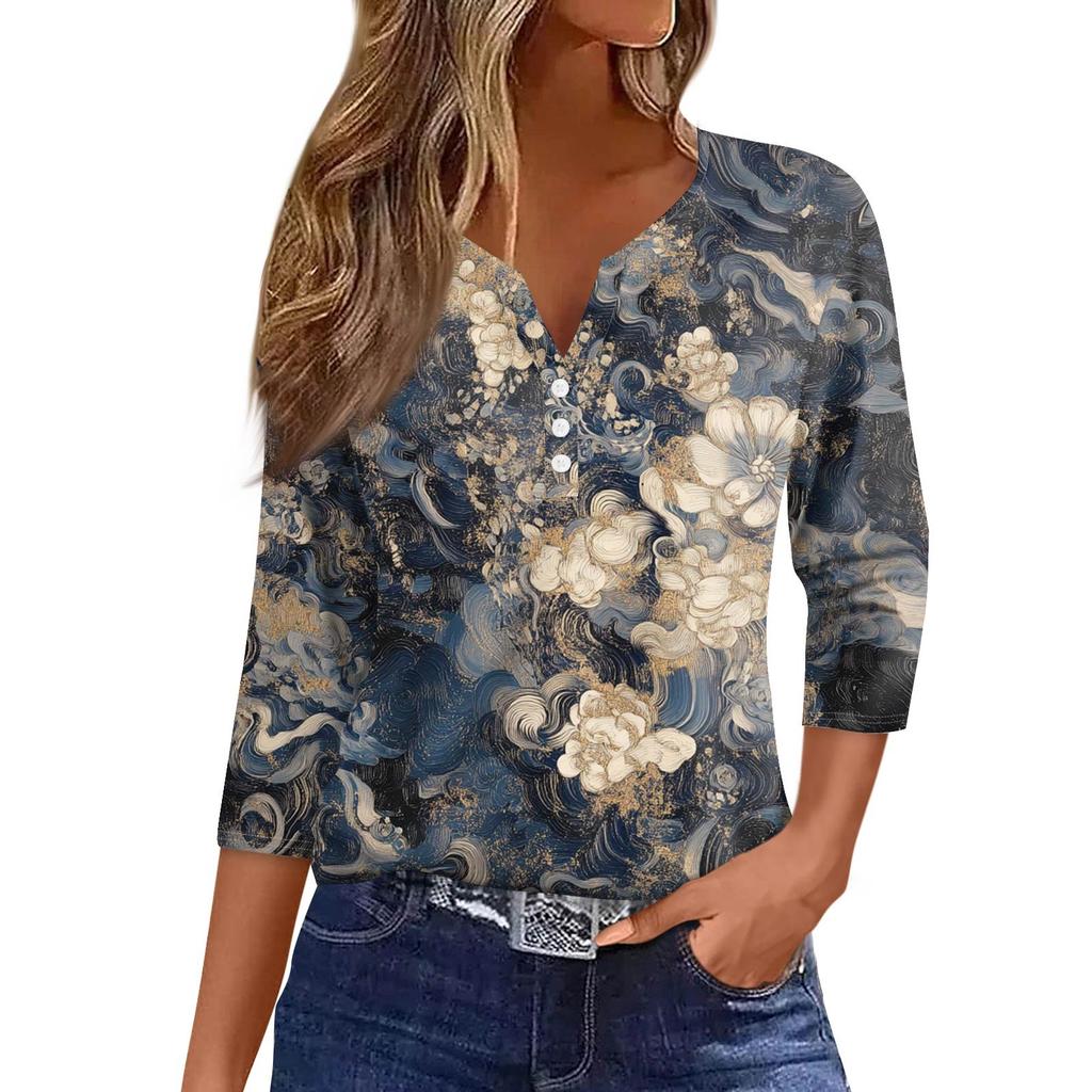 Women's T Shirt Print Button 3/4 Sleeve Daily Weekend Fashion Basic V- Neck Regular Top