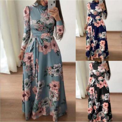 Lässiges bedrucktes Damenkleid mit langem Riemchenrock für Herbst und Winter