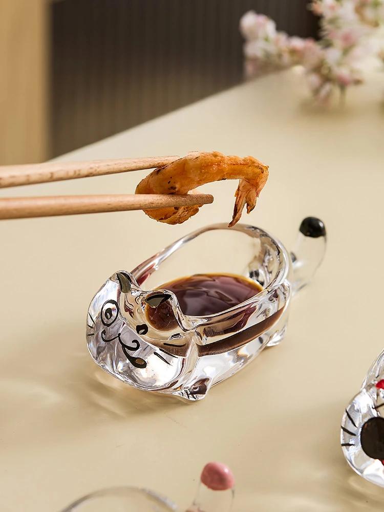 Creative Kitty Dip Dish Crystal Glass Tomato Salad Soy Sauce Vinegar Dry Dish Cartoon Home Snack Small Plate Chopsticks Holder