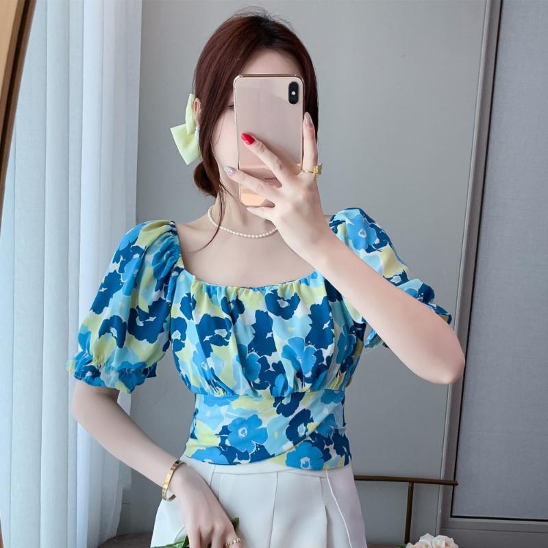 WTEMPO Brand Summer Women's Square Neck Short-sleeved Collar Exposed Collarbone Floral Shirt Design Niche Back Hollow Straps Short Tops