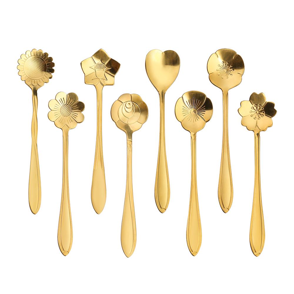 Gold Plated Christmas Flower Mixing Spoon - Japanese Stainless Steel Coffee Stirrer with Custom Logo Option.