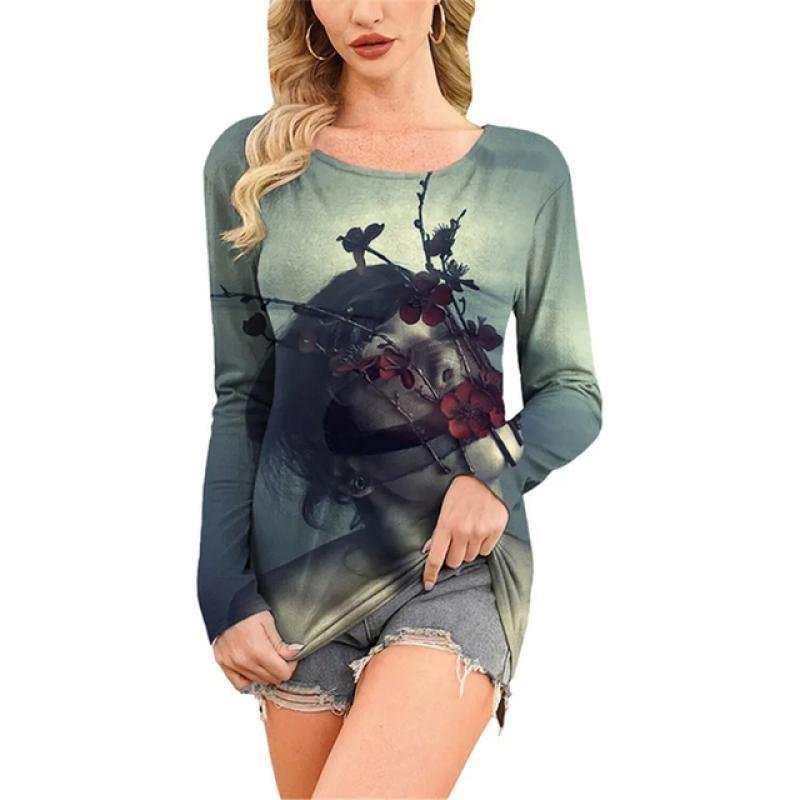 European and American Fashion Oil Painting Style Printed Casual Long Sleeved T-shirt O Neck Oversized Tees Tops Women's Clothing