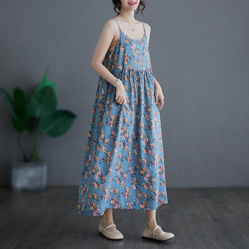 Sleeveless Strap Cotton Plus Size Vintage Floral New In Dresses For Women Casual Loose Long Summer Dress