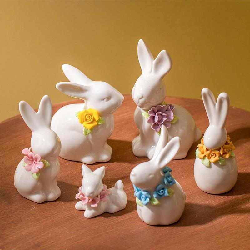 Ceramic Ornament Easter Standing Bunny Handmade Flower Creative Desktop Cute Style Decor Handmade White Porcelain Birthday Gifts