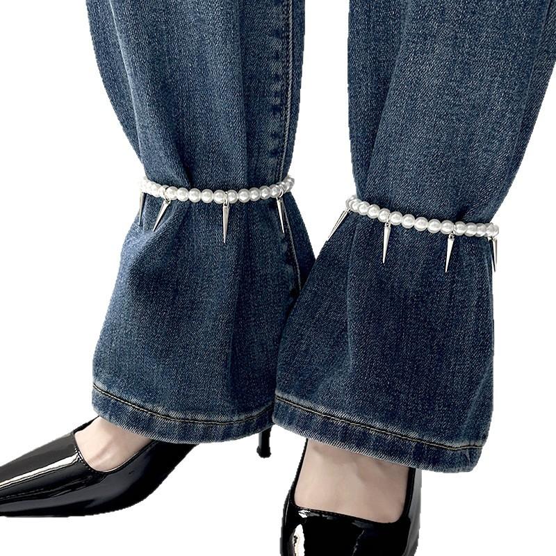Imitation Pearl Anklet Trouser Chain With Spike Charms Adjustable Punk Style Ankle Bracelet Women Jeans Decor Fashion Jewelry