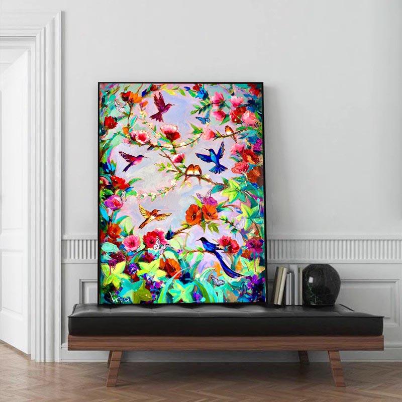 Flower and Bird Oil Painting Wall Art Paradise Song Poster Plant Image for Home Decoration