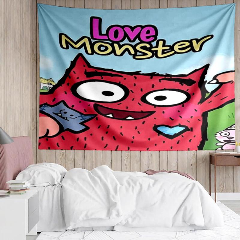 Love Monster Print Tapestry, Backdrop, Easy Setup, Ideal for Bedroom, Office & Living Room, with Aesthetic Wall Hanging Decor.