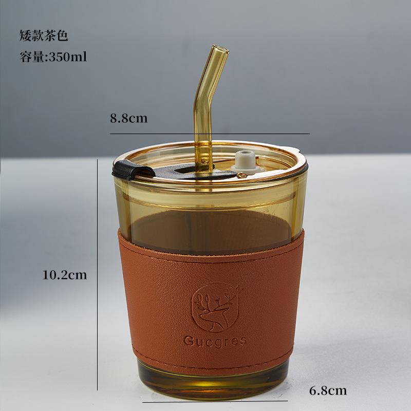 

Deer With Leather Case Glass Double Drink Opening Gift Printing High Value Glass With Straw Water Cup Coffee Cup 401-500ml