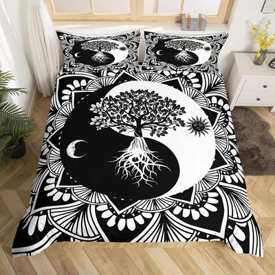 Set Copripiumino Bianco e Nero Set Biancheria da Letto Mandala Bohemien per Bambini Bambino Yin e Yang Poliestere Copripiumino Misura King