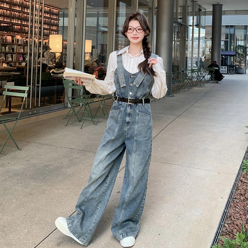 

Модный комплект в полоску: рубашка и джинсовый комбинезон - Коллекция Весна/Осень 2025 M (105-115 jin) синий