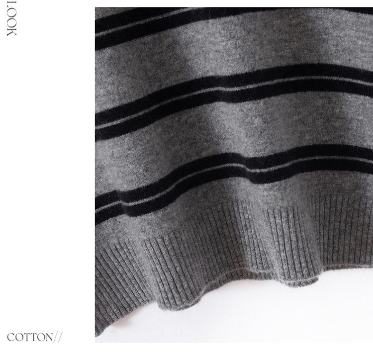 Xiao He Women's Classic Stripe 100% Pure Wool Sweater - Round Neck, Color Block, Loose Fit, Slimming, Soft, and Fluffy.