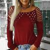 Women Fashion Neck Hollow-Out Studded Long Sleeve T Shirts Casual Tops