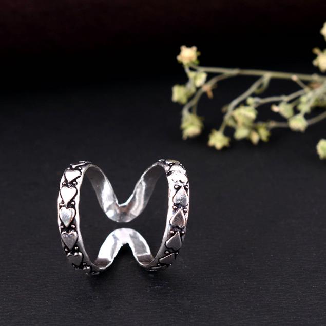 Handmade Silver Arthritis Ring Adjustable Double Band Oxidized Criss Cross Pattern Boho Tribal Jewelry Gift for Women & Men