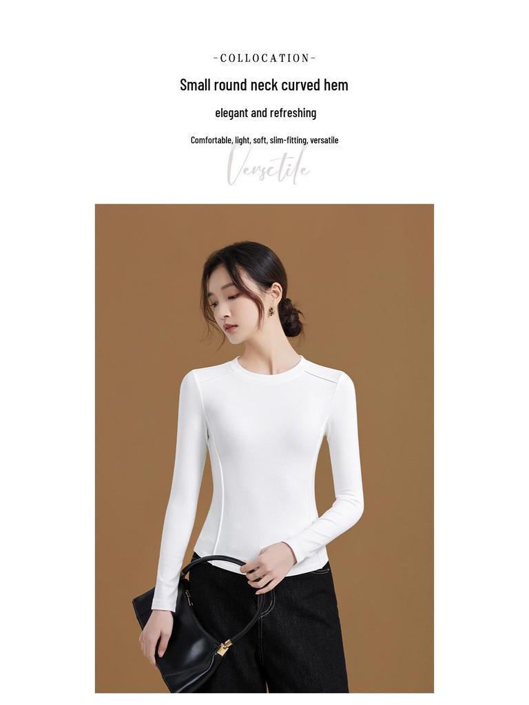 Women's Slimming Long Sleeve Velvet-Lined Base Layer Shirt - Autumn/Winter Fashion Round Neck Top