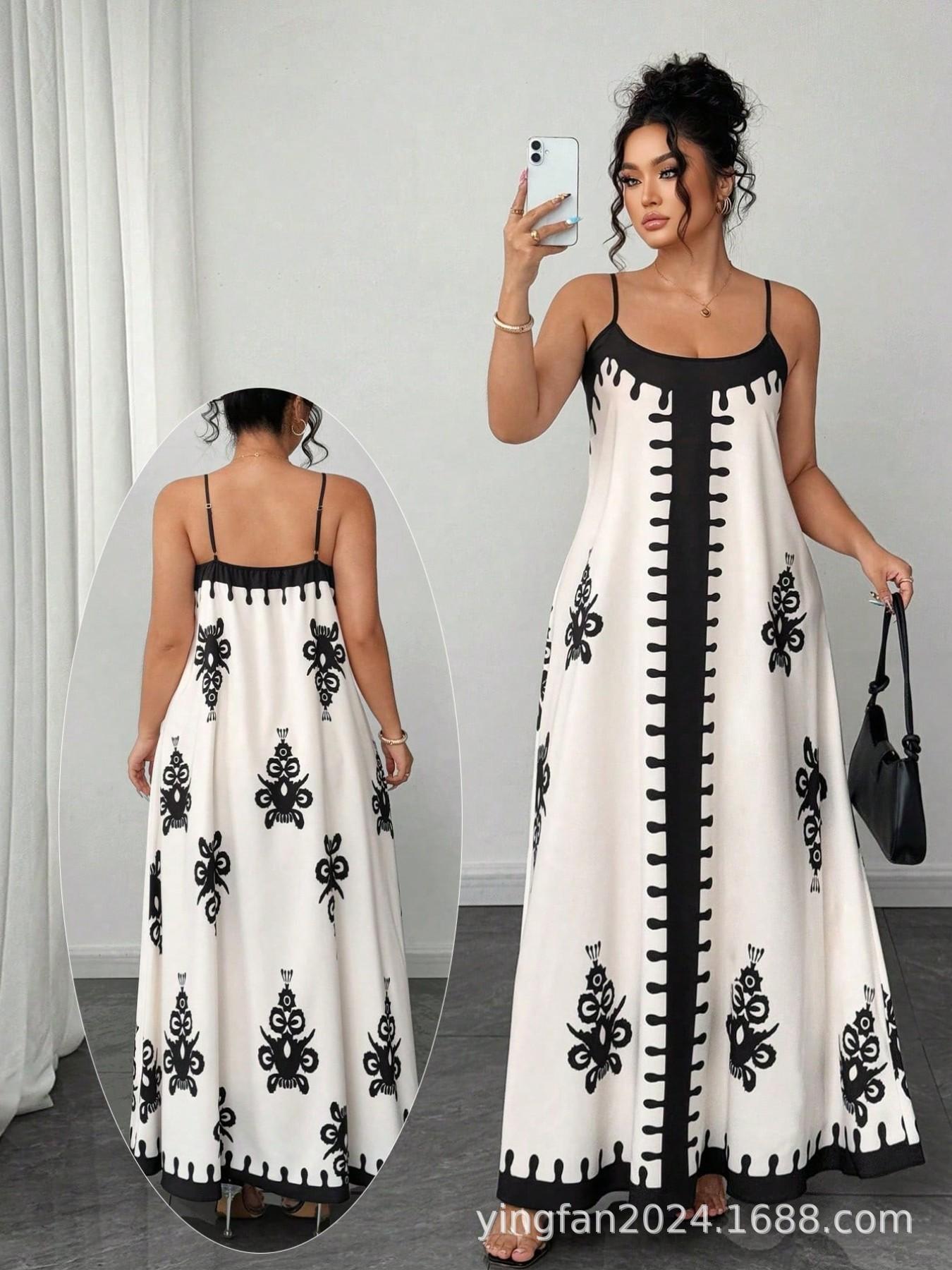 Plus Size Women s Retro Tribal Print Long Dress with Thin Straps 1XL