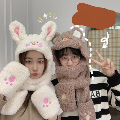 Women Integrated Cute Ear Hat Scarf Winter Warm Plush Ear Protection Hat Net Warmer Gloves For Girls
