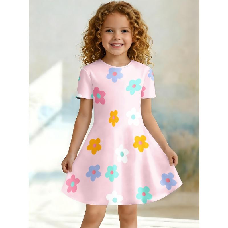Cute Dress for Young Girls, Short Sleeved Round Neck Children's Party A-line Dress Suitable for Birthday Gifts