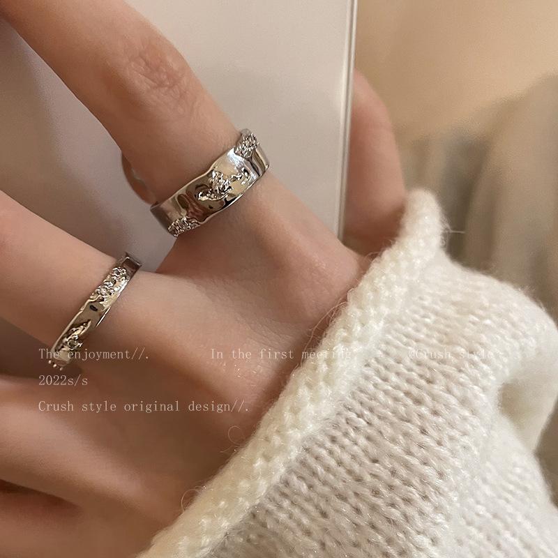 Silver plain ring zircon open ring set cold wind temperament couple ring fashion personality index finger ring tide open adjustable
