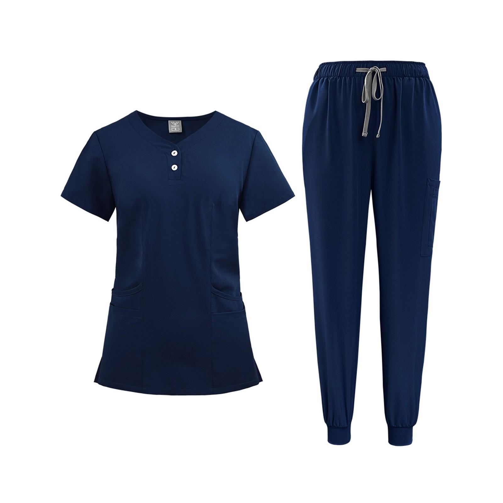 

Жіноча уніформа, швидковисихаюча тканина, суцільний, V-подібний виріз, кишеня, короткі рукави, брючний костюм, робочий одяг для медсестри M