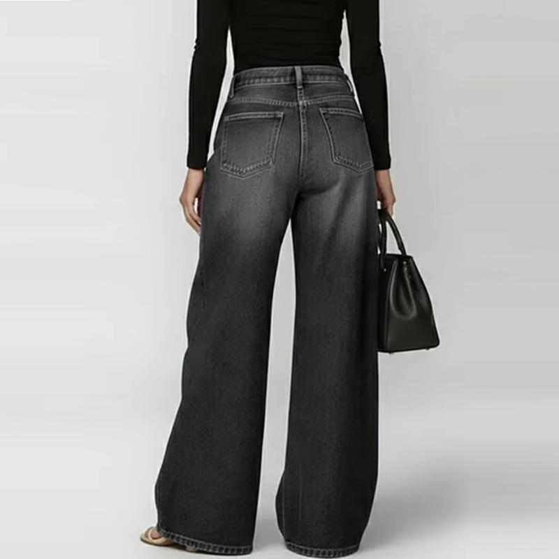 Women's Washed Blue High-Waist Metal Grommet Wide Leg Jeans Casual Loose Fit Streetwear Denim Pants