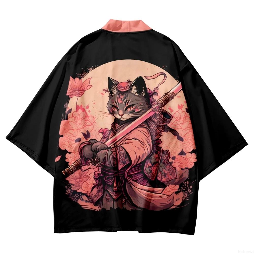 Japanese Sakura Cat Samurai Printed Kimono for Men Women, Haori Cardigan, Traditional Costume, Loose Short Sleeve Cloak, S-3XL