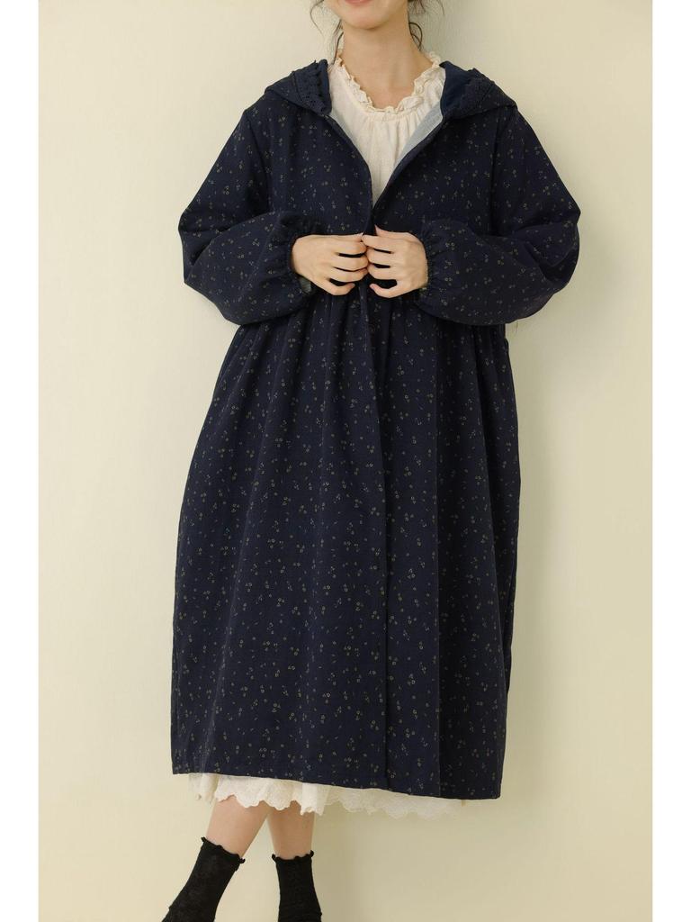 Herbst/Winter Floral Mori Stil Kapuzen Baumwolle Leinen Kleid Mantel für Damen