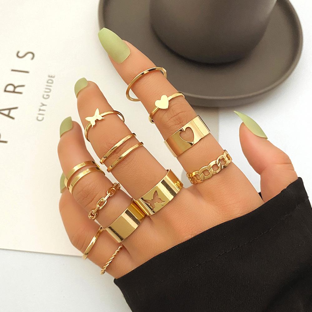 New retro inlaid pearl chain ring butterfly open ring ins wind ring set 10-piece set