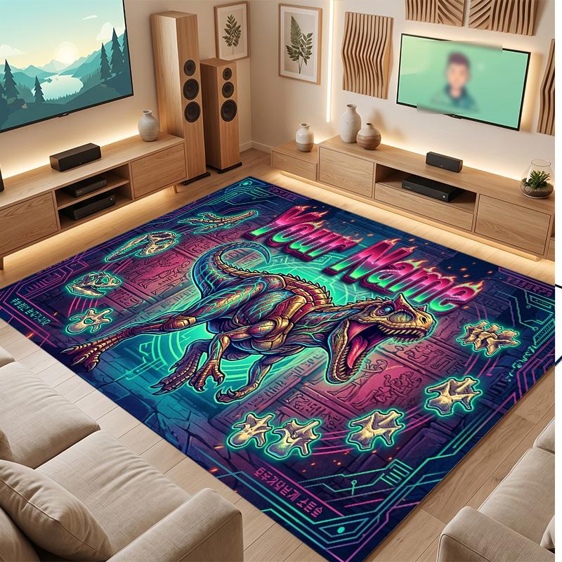 Dinosaur Theme Soft Crystal Velvet Rug Custom Name & Text Print Non Slip Floor Rug for Bedroom Living Room