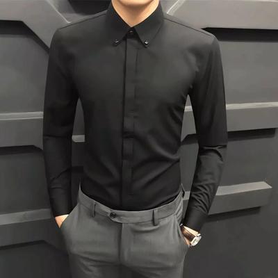 Spring and Autumn Korean Edition Polo Collar Panel Button Business Casual Slim Fit Non Ironing Men's Hidden Button Shirt