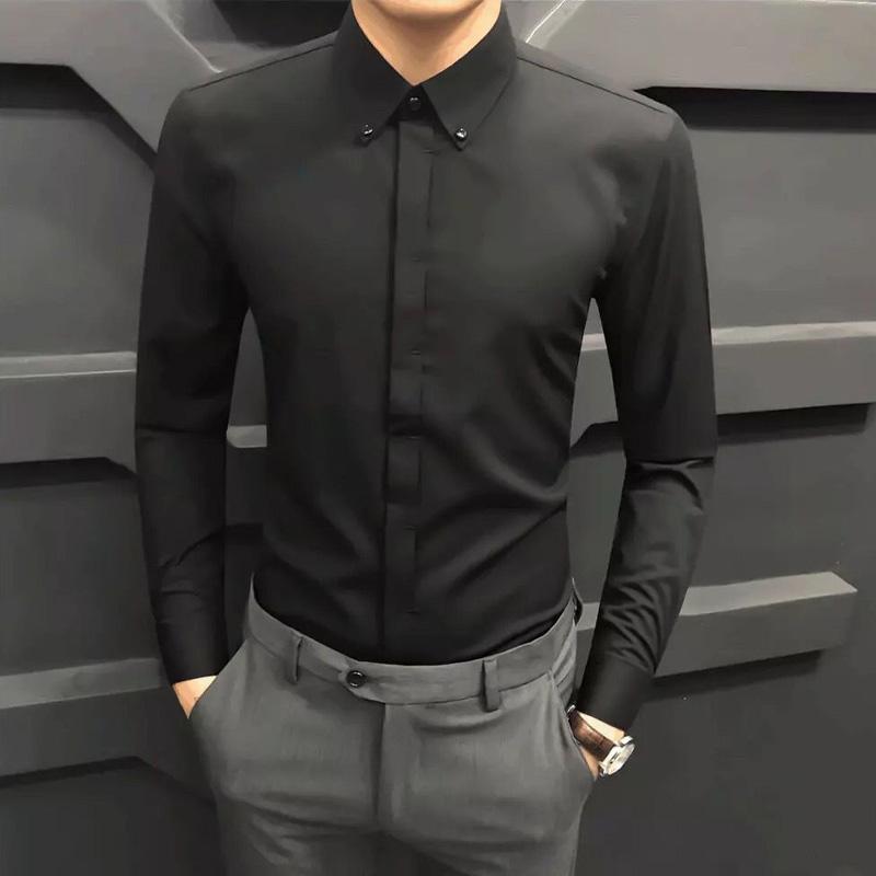 Spring and Autumn Korean Edition Polo Collar Panel Button Business Casual Slim Fit Non Ironing Men's Hidden Button Shirt