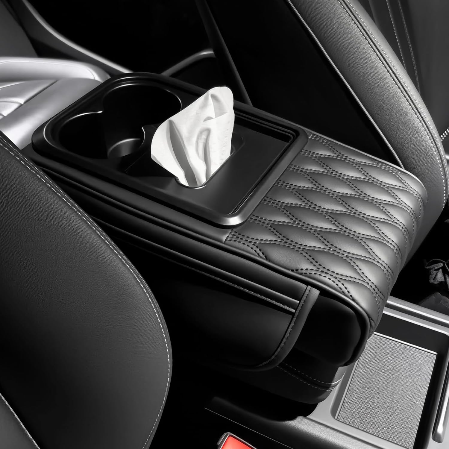 Car Armrest Cushion, 5-in-1 Design with Cup Holders, car Center Console Cover, Tissue Box, Multifunctional Arm Rest Cover for Car with Cup