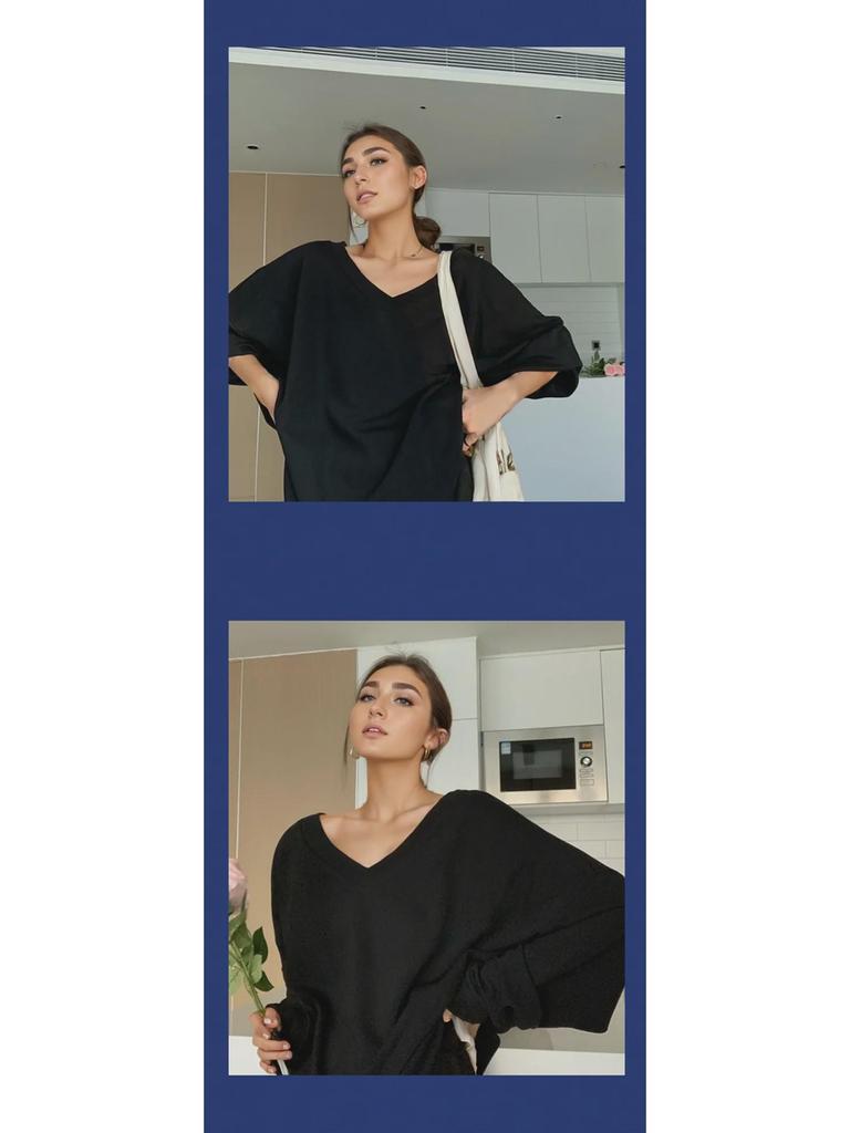 Women's Plus Size V-Neck Long Sleeve Loose Base Layer Top for Autumn/Winter