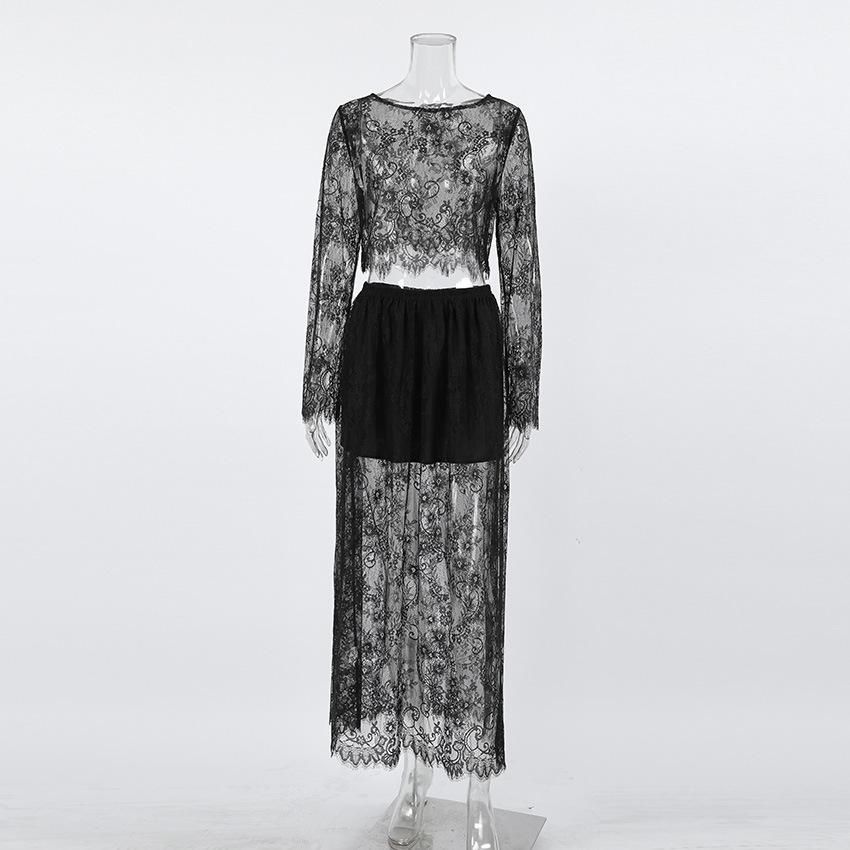 European and American women's clothing suit, sexy perspective brocade lace, long-sleeved short top, skirt, fashionable and casual two-piece set