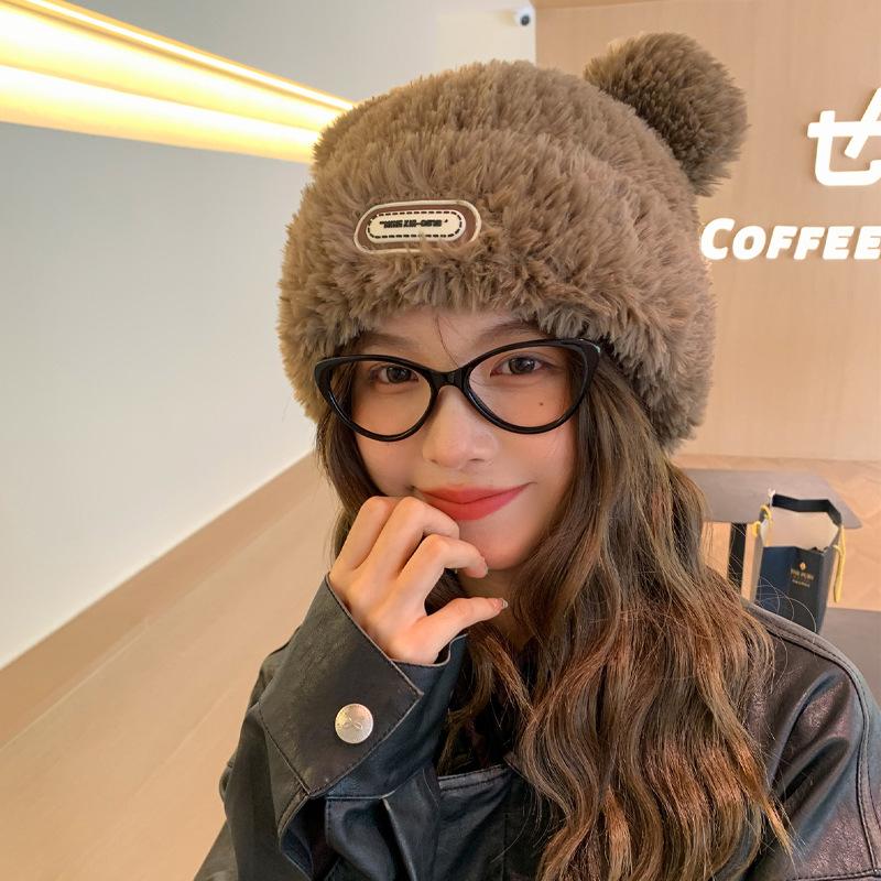 

Милая плюшевая шапка-бини с мишкой для детей, осенне-зимняя, утолщенная, теплая, с кожаной этикеткой, для большого обхвата головы, пуловер, шляпа-ведро One Size верблюд