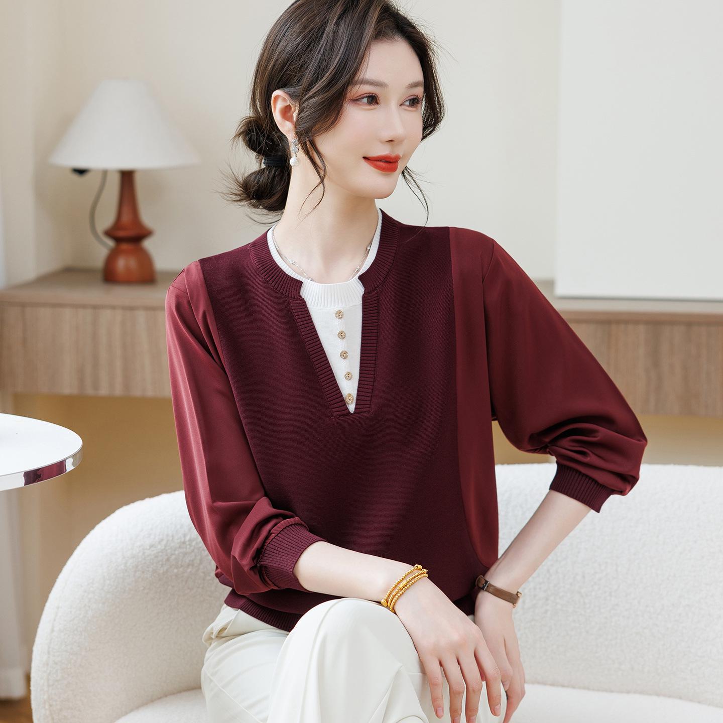 

Mom s Spring 2026 Faux Two-Piece Knit Top with Seven-Sleeve Gauze for Age-Reducing Style L [Recommended for up to 110 lbs]