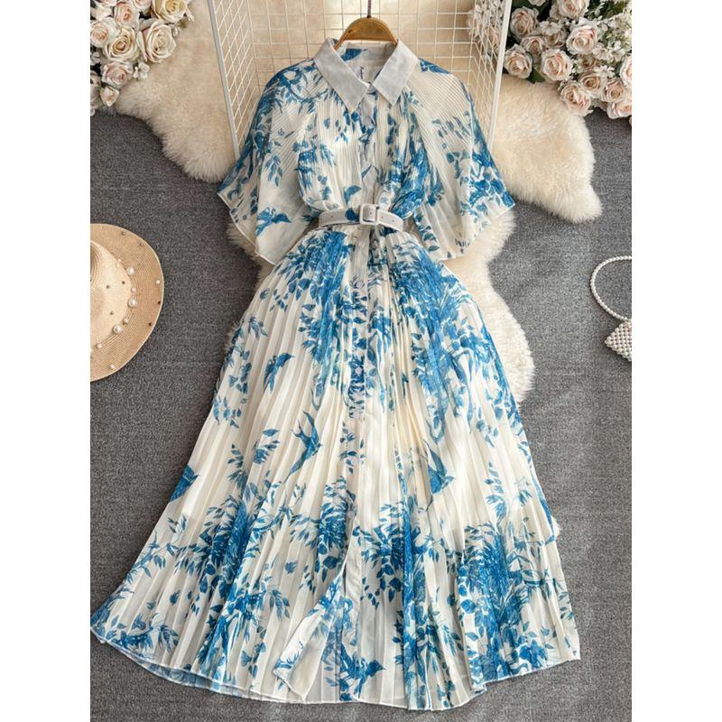 Vintage Single-Breasted A- line Pleated Dress Short Sleeve