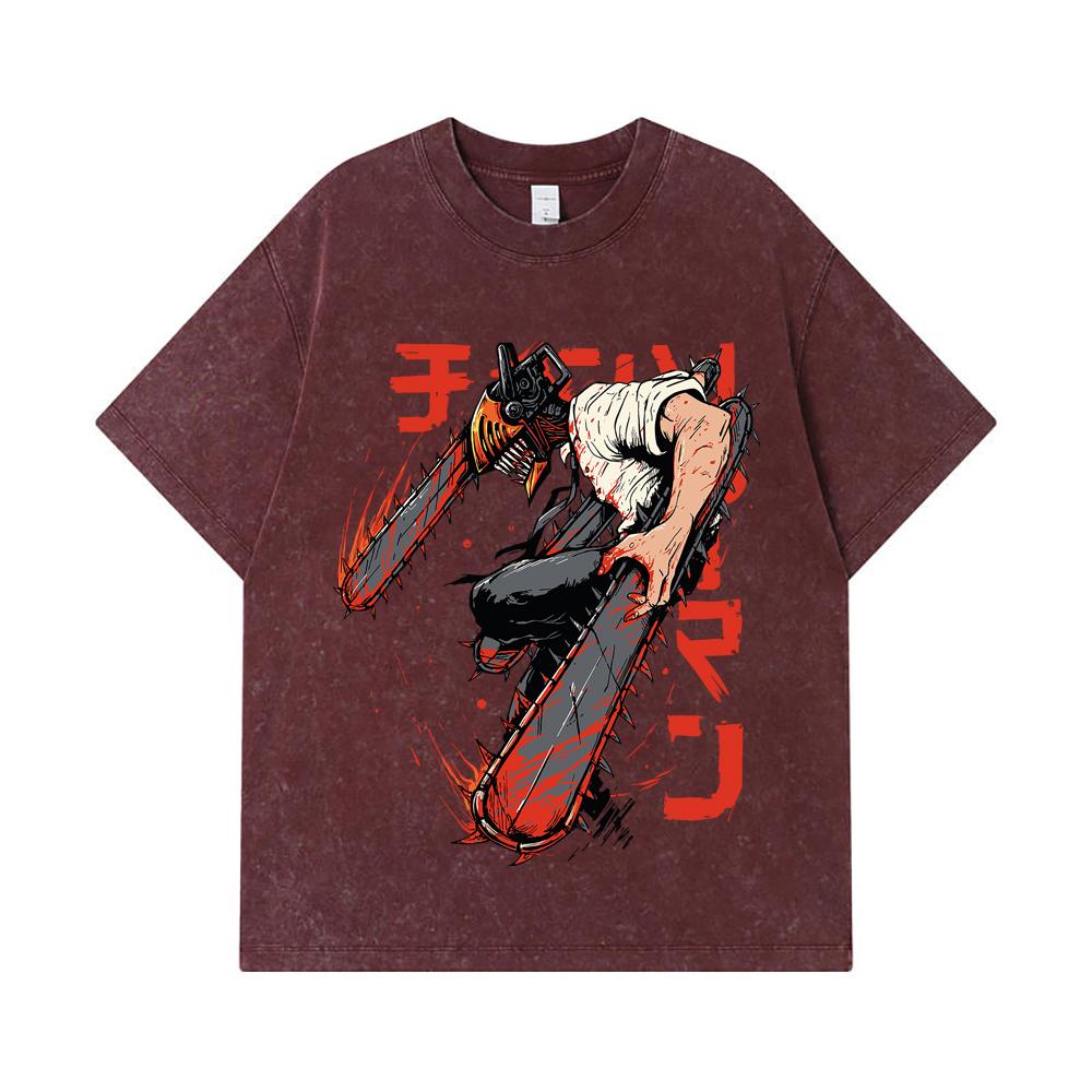 275 GSM Washed T-shirts 100% Cotton Chainsaw Man V21 Denji Print Unisex Heavy Cotton T Shirt