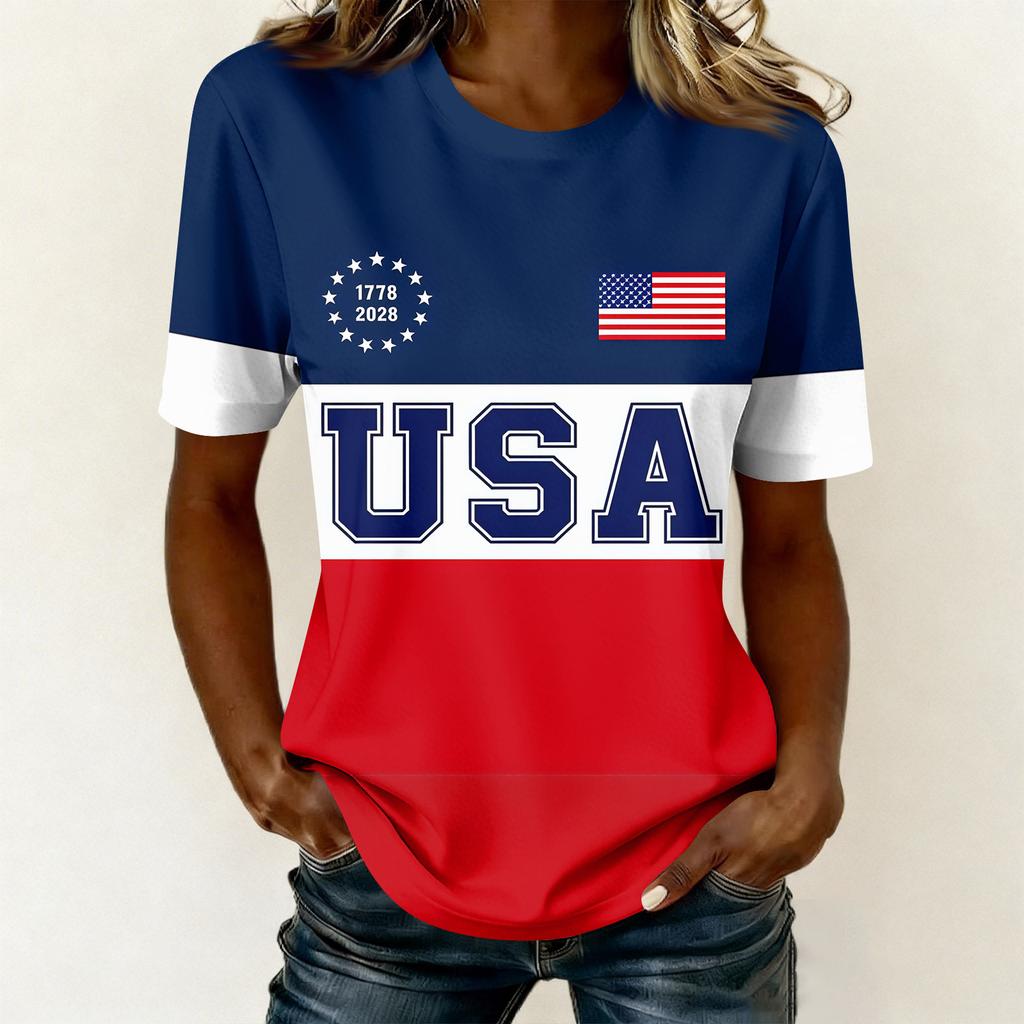 Camiseta feminina casual estampada gola redonda pulôver manga curta top