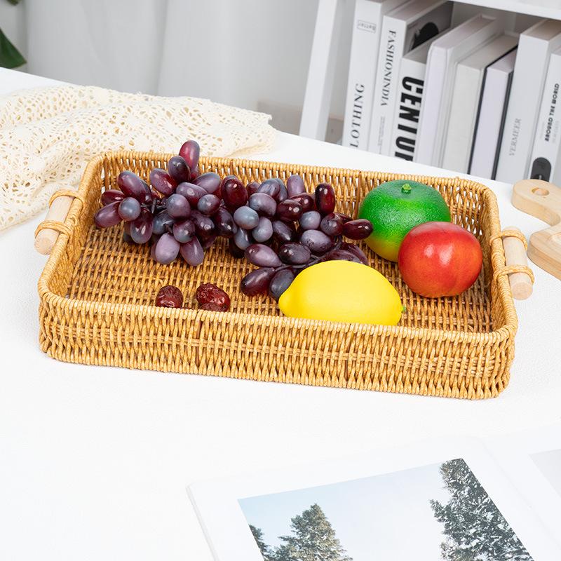 Multi-Use Pp Woven Storage Basket With Wooden Handle Modern Rectangular Shallow Bin For Living Room Bedroom Kitchen Hotel Servic