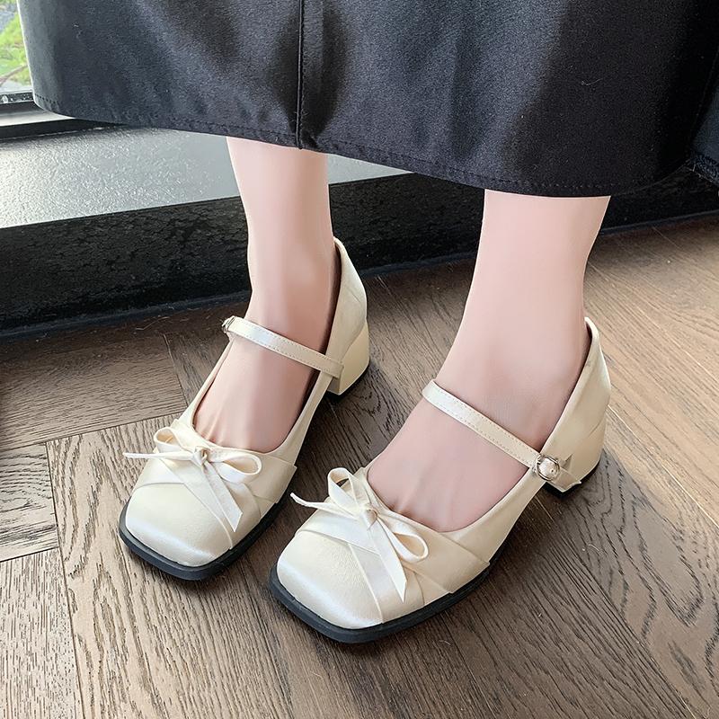Fashion New Coarse Heel Shoes for Women Square Head Shallow Mouth Butterfly Knot Cloth Line with Anti-slip Wear-resistant Heel Shoes
