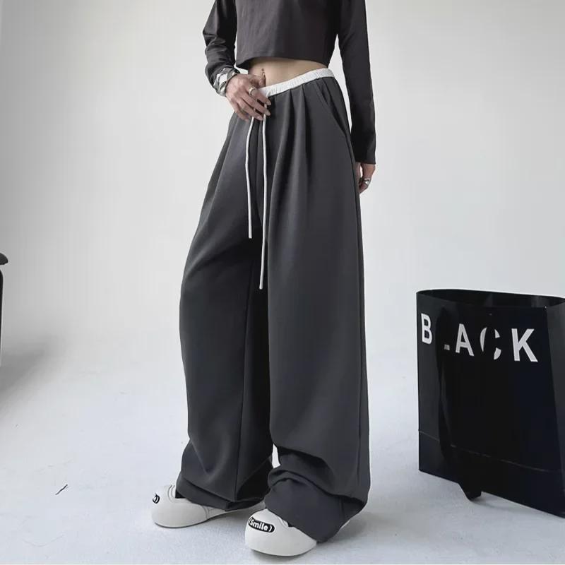 2024 Women's Black Korean Style Wide-Leg Sports Pants - Autumn/Winter Loose Fit, Casual, Trendy, and Slimming Style