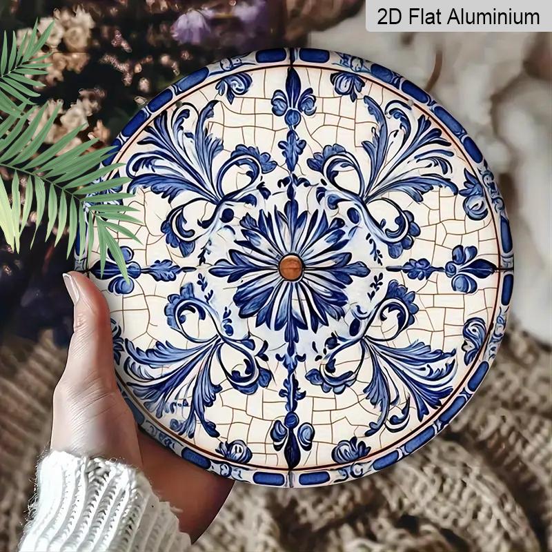 2D Flat Aluminum Sign Vintage Blue Floral Pattern Decorative Sign 7.87 Inches X 7.87 Inches Perfect for Decorating Homes, Porches, Living Rooms, and