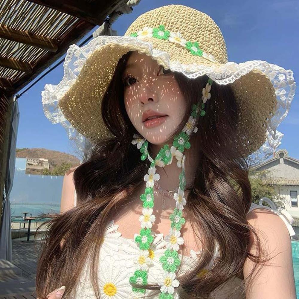 With Garland Big Brimmed Straw Hat Lightweight Woven Sun Cap Elegant Vacation Beach Cap  Carnival